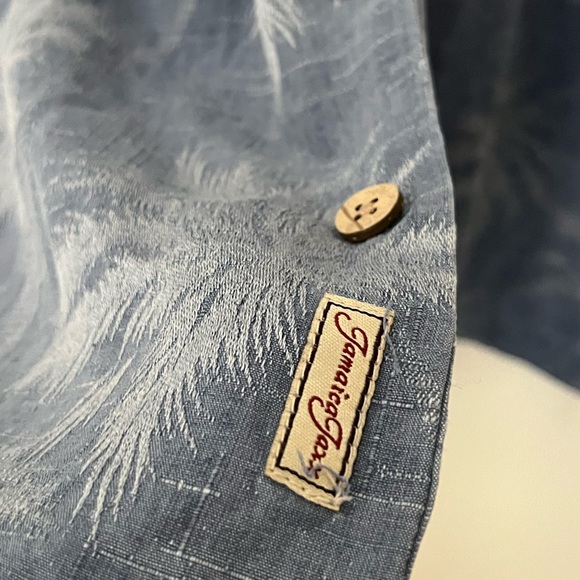 Jamaica Jaxx 100% Silk Palm Tree Light Blue Button Down Shirt Size L - Picture 3 of 5